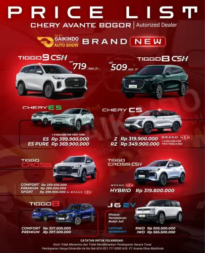 Pricelist Harga Chery pakuhaji 2025